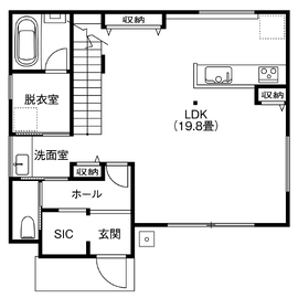 【ハウスジャパン｜高浜市論地町｜街角モデルハウス】32坪のリアルサイズ。自然素材のナチュラルな住まいの間取り図(1階)