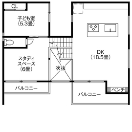 【サンクスホーム｜津店モデルハウス｜ARTAGE】建築家が導く感動のデザイン住宅。スキップフロアの5層構造の間取り図(2階)