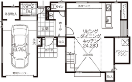 【久喜モデルハウス】デザインとテクノロジーの融合。上質な暮らしを叶えるガレージハウスの間取り図(1階)