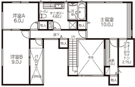 【久喜モデルハウス】デザインとテクノロジーの融合。上質な暮らしを叶えるガレージハウスの間取り図(2階)