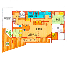 【福工房】浜松展示場｜土間やウッドデッキまで見渡せるL字型対面キッチン＋小上がり＋ダイニングのある家の間取り図(１階)