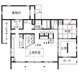 【福工房】一宮展示場｜人気の空間提案が盛りだくさん！開放感たっぷりの土間のある家の間取り図(１階)