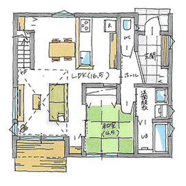 近江八幡市中小森町モデルハウス【おしゃれで性能がいい！暮らし良い家】の間取り図(１階)