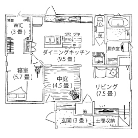 【えひめの森からつくる家　新日本建設】松前町筒井モデルハウス yohaku.の間取り図(1階)