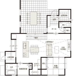 【四日市市｜日永モデルハウス】建築家デザインの住まいを公開中！設計の工夫で明るく開放的な家を実現の間取り図(1階)
