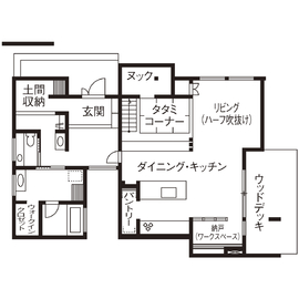 【各務原市｜住生活研究所】平屋のガレージハウス、防音室のある2.5層、2階建ての３棟構成＜各務原展示場＞の間取り図(2.5層／1階)