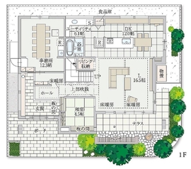 土岐 xevo Σ PREMIUM 展示場：外壁タイル貼り｜リビング大開口｜静音室（やすらぐ家）の間取り図(1階)