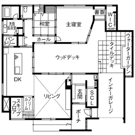 【三昭堂｜西尾展示場】家の真ん中に、中庭・ウォーターガーデンがあるガレージ付きの「平屋」の間取り図(1階)