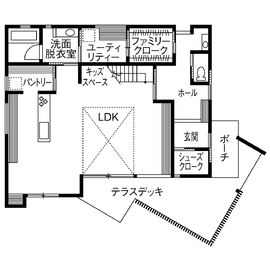 【三昭堂｜東浦展示場】家族の居場所がちりばめられたデザイナーズハウスが確認できる2棟建ての展示場の間取り図(1階)