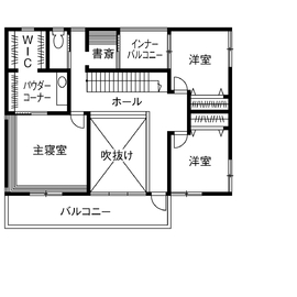 【三昭堂｜東浦展示場】家族の居場所がちりばめられたデザイナーズハウスが確認できる2棟建ての展示場の間取り図(2階)