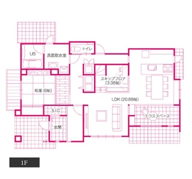 【つくば市研究学園】子育て世代のために収納や空間設計にこだわるモデルハウス｜スキップフロア/吹き抜けの間取り図(1階)