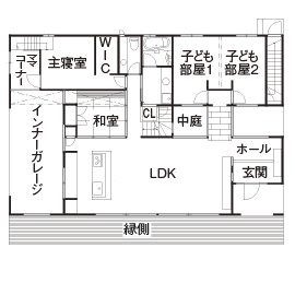 【やまぜんホームズ】桑名展示場　縁のある暮らしを楽しむ平屋の家の間取り図(1階)