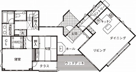 【伊勢崎市／平屋＋αの南千木モデルハウス】4つの庭と繋ぐ、「隠れ家」のような平屋モデルの間取り図(1階)