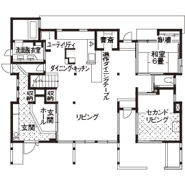 意匠性と省エネのGOODバランス「天然木の家」モデルハウス（桃山六地蔵住宅博内）の間取り図(1階)