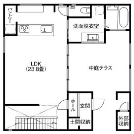 【岐阜市/アサヒグローバルホーム岐阜店】中庭テラスが外とのつながりを生む「建築家デザイン住宅」の間取り図(1階)