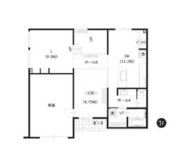 【ロゴスホーム/旭川市神楽｜-巣 mino-モデルハウス】愉しみは、秘密の隠し部屋に。土間のある家の間取り図(1階)