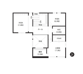 【ロゴスホーム/旭川市神楽｜-巣 mino-モデルハウス】愉しみは、秘密の隠し部屋に。土間のある家の間取り図(2階)