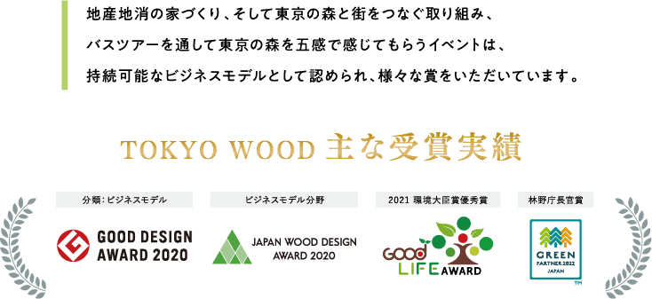 地産地消の家づくり、そして東京の森と街をつなぐ取り組み、バスツアーを通して東京の森を五感で感じてもらうイベントは、持続可能なビジネスモデルとして認められ、様々な賞をいただいています。 TOKYO WOOD 主な受賞実績