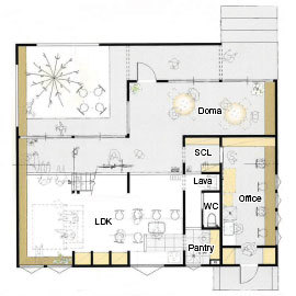 【健康住宅】建築家と創る唯一無二のデザイン住宅。土間や中庭、可変性のある空間の間取り図(1階)