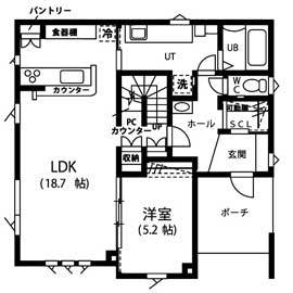 「あ、片付く」札幌市東区/大進ホーム/整理収納アドバイザーと建てる＜ラクいえ＞／新道モデルハウスの間取り図(1階)