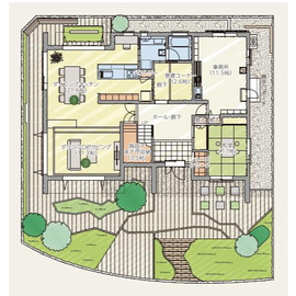 【ヘーベルハウス　柏の葉展示場】＠柏ICそば　駐車場有　「そらのま」と屋上が開放感を醸し出す二世帯住宅の間取り図(1階)