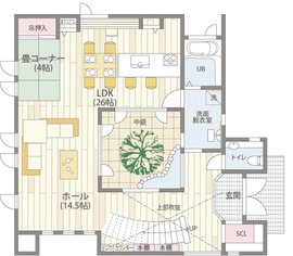 ヤマト住建　神奈川住宅展示場（水の流れるパティオのある憩いの家）の間取り図(１階)
