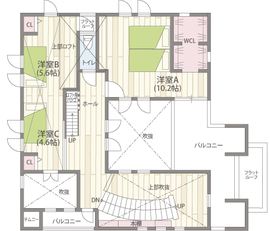 ヤマト住建　神奈川住宅展示場（水の流れるパティオのある憩いの家）の間取り図(２階)