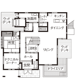【浜松市｜サーラ住宅】床下も屋根裏も有効活用。ベランピングもできるルーフガーデンに注目＜浜松展示場＞の間取り図(１階)