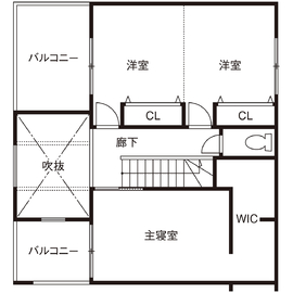 【東武建設】香芝モデルハウス（シンプルデザイン/ＺＥＨ/収納上手/子育て家族の間取り）の間取り図(２階)