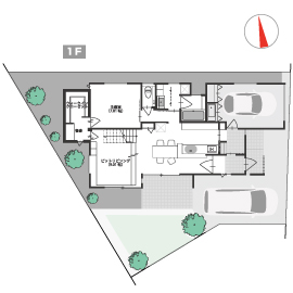 「家のどこでリラックスするか」まで考えた家。亀田モデルハウス「今のふたりの道標」の間取り図(1階)