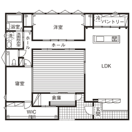 栃木建築社／真岡市デザインモデルハウス／アウトドアリビングのある平屋の間取り図(1階)