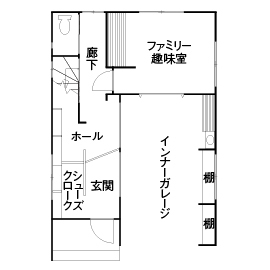 【三昭堂】一宮展示場「インダストリアルデザイン『三階建ての家』の他、全部で４棟公開。間取り図も紹介」の間取り図(１階)